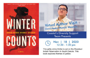 Photo of the author crossing his arms, Photo of the cover of his book winter counts. Information below.
