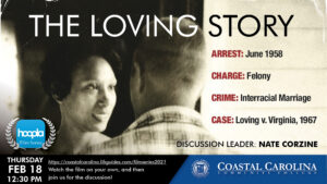 The Loving Story hoopla film series, a photo of a black woman and white man staring lovingly at each other.