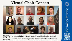 Virtual Choir Concert flyer with a screen shot of a choir singing on separate vide feeds accompanied by piano. Text to follow.