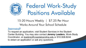 Flyer for Work Study Applications, Long stripes of blue and dark grey frame the bottom of the image, the text from within the flyer is below.