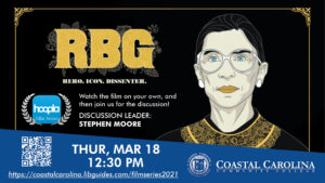An E-flyer with a large cel shaded image of Ruth Bader Ginsberg, advertising an film discussion. Text to follow.