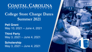 Flyer with a photo of students checking out at the college store on the right side, text to follow.