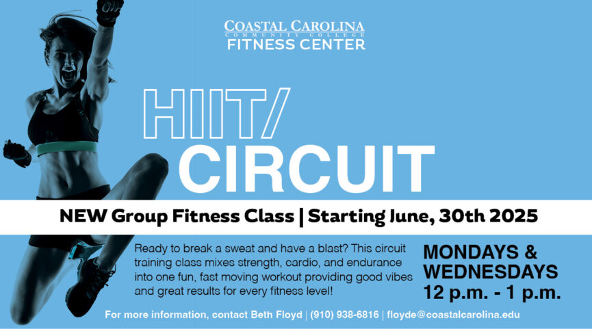 HIIT/Circuit New Group Fitness Class Starting June 30, 2025 Mondays & Wednesdays 12:00 p.m. – 1:00 p.m. For more information, contact Beth Floyd (910) 938-6816 or floyde@coastalcarolina.edu