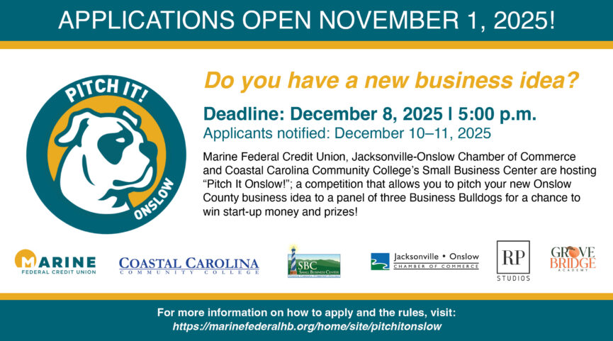 Pitch It! Onslow, applications open on November 1, 2025! Do you have a business idea? Deadline: December 8, 2025 at 5:00 PM and the applicants will be notified: December 10-11, 2025. Marine Federal Credit Union, Jacksonville-Onslow Chamber of Commerce and Coastal Carolina Community College's Small Business Center are hosting "Pitch It Onslow!"; a competition that allows you to pitch your new Onslow County business idea to a panel of three Business Bulldogs for a chance to win start-up money and prizes! For more information on how to apply and the rules, visit: https://marinefederalhb.org/home/site/pitchitonslow