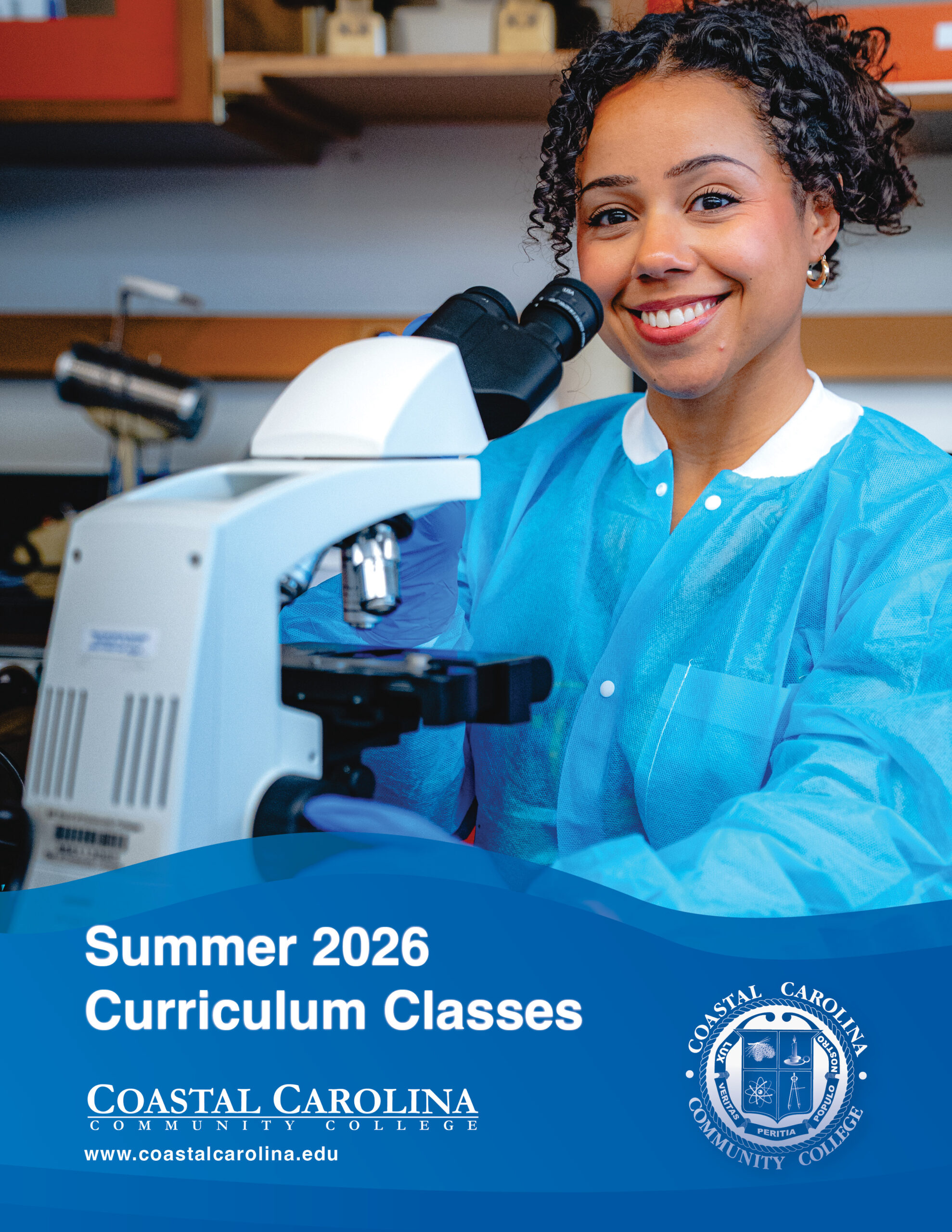 Summer 2026 Curriculum Classes OnCourse Schedule Cover with a photo of a female Medical Laboratory Technician student at a microscope.