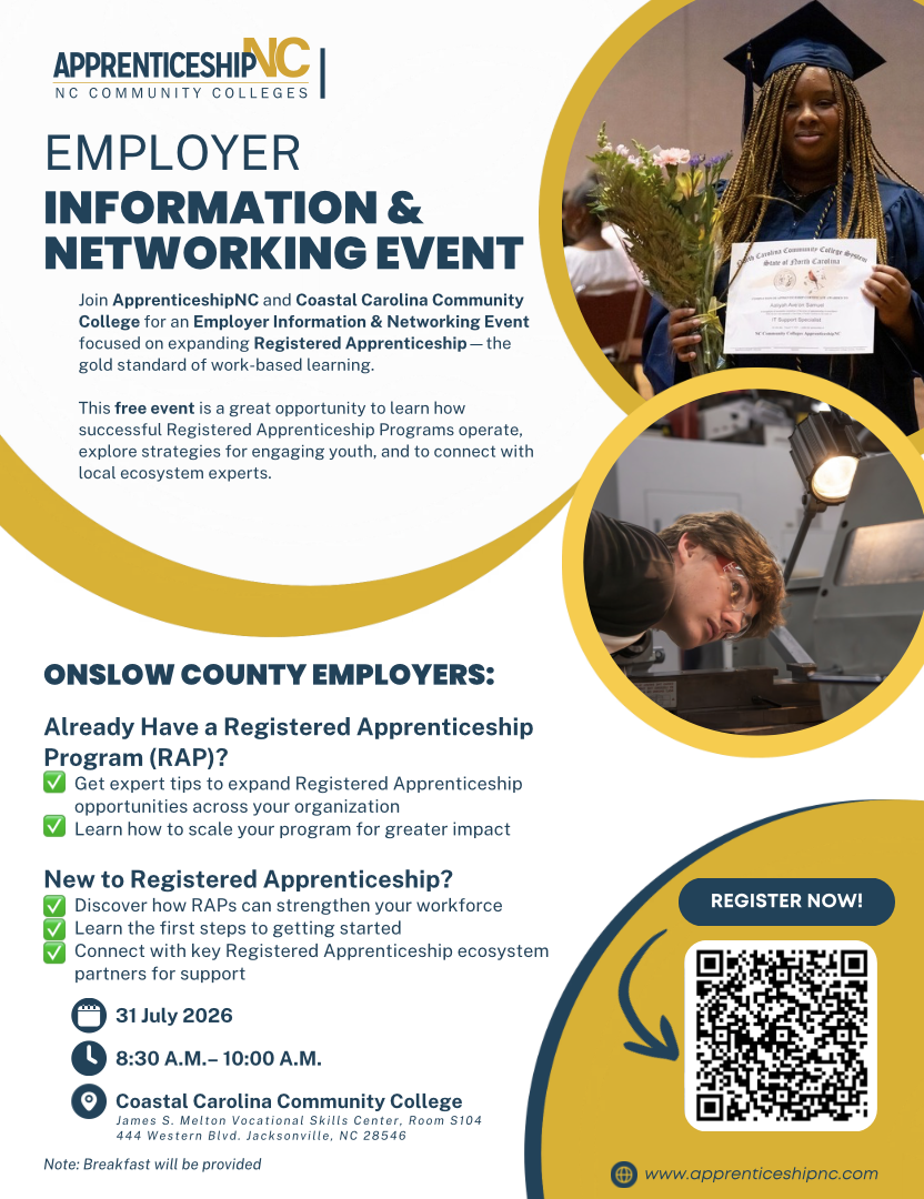 Apprenticeship NC with CCCC Employer Information & Networking Event. July 31, 2026 8:30 AM-10:00AM