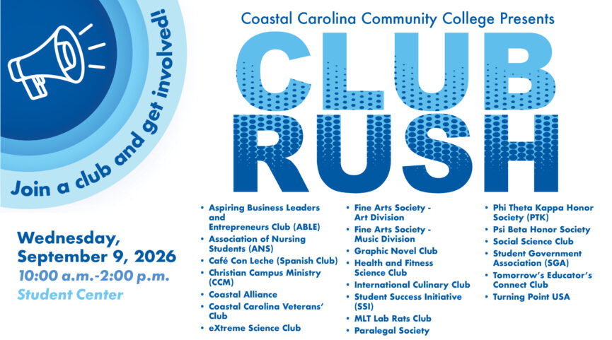 CCCC Club Rush, join a club and get involved! September 9, 2026 from 10am-2pm in the Student Center