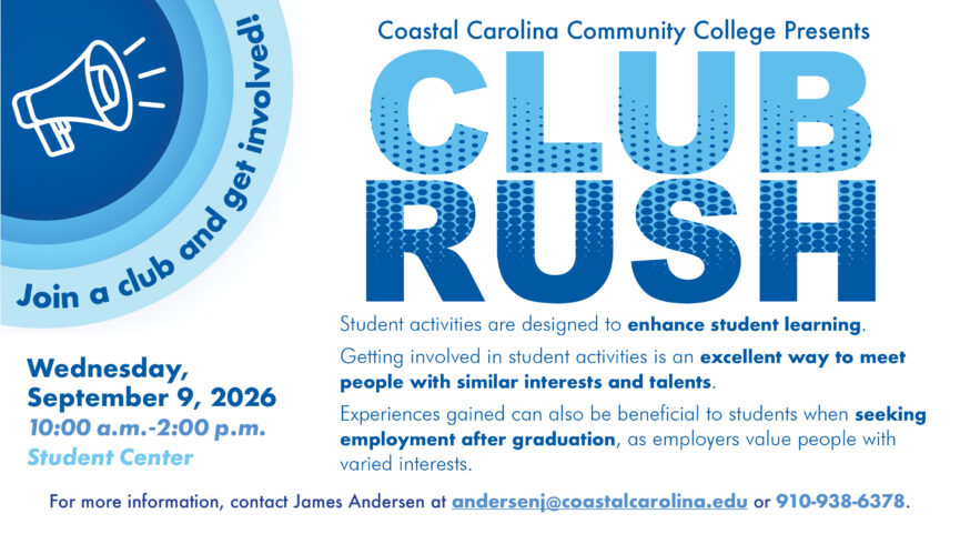 CCCC Club Rush, join a club and get involved! September 9, 2026 from 10am-2pm in the Student Center